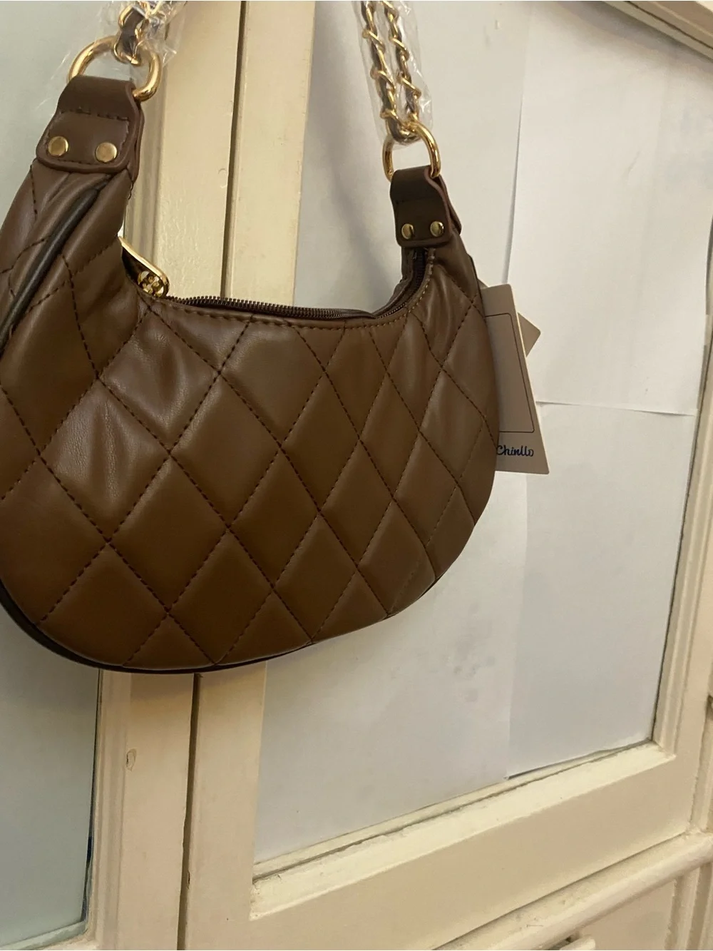chinllo brown Quilted Crescent Shoulder Bag with Chain Strap